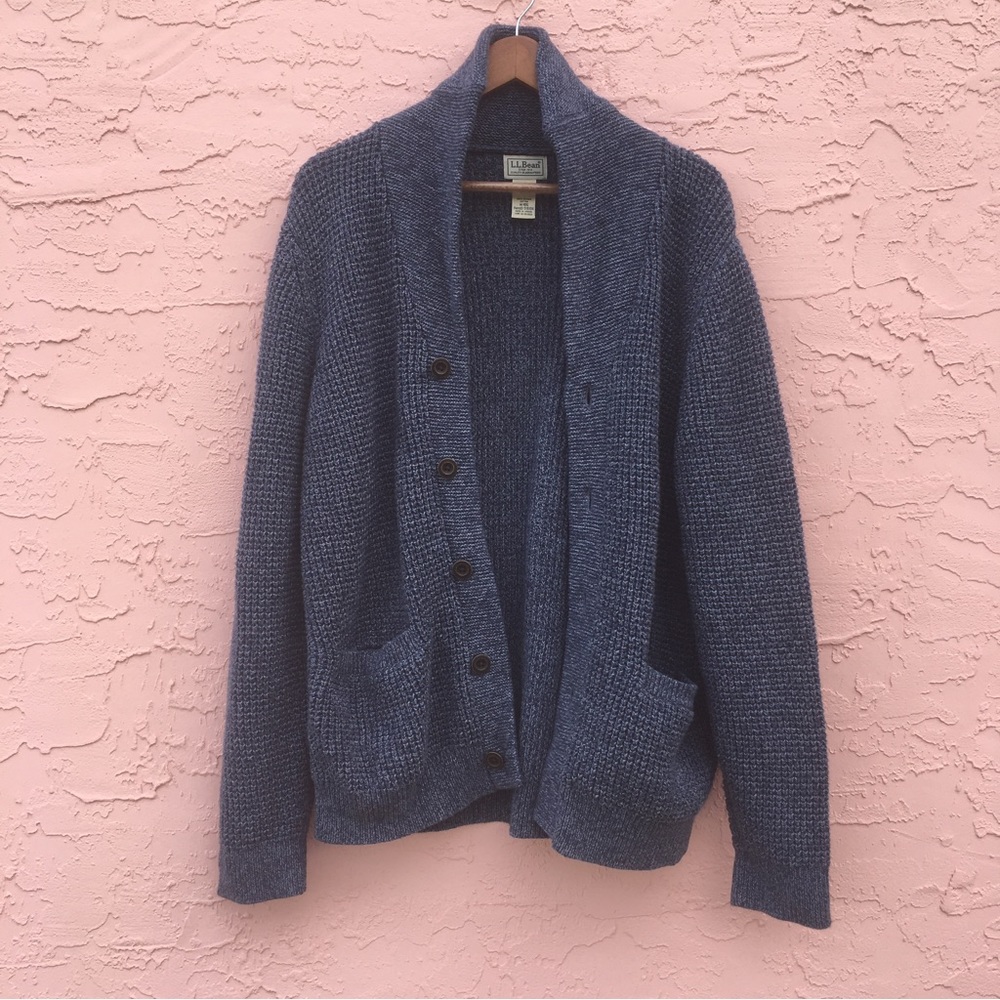 L.L. Bean Sweater Cardigan Blue 100% Organic Cotten Oversized Baggy
